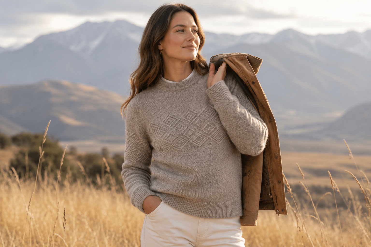 Woman in a beige knit sweater in a golden field with mountains — the Avelyn Atelier