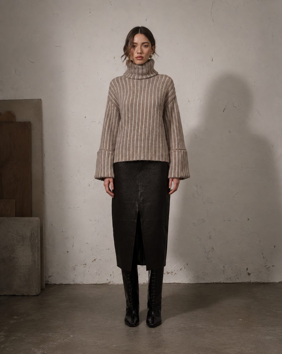 Model in an oatmeal ribbed turtleneck with wide cuffs, worn with a dark midi skirt and boots